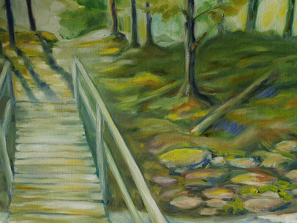 80 x 60 cm "Wanderweg" Wald Fluss Brücke Ölbild Gemälde NEU in Leipzig