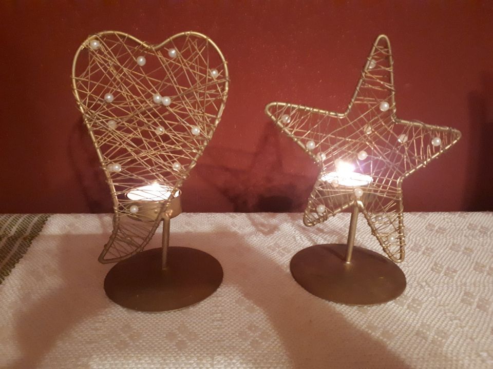 2 Teelichthalter/Kerzenhalter Stern und Herz mit Perlen in Frei-Laubersheim