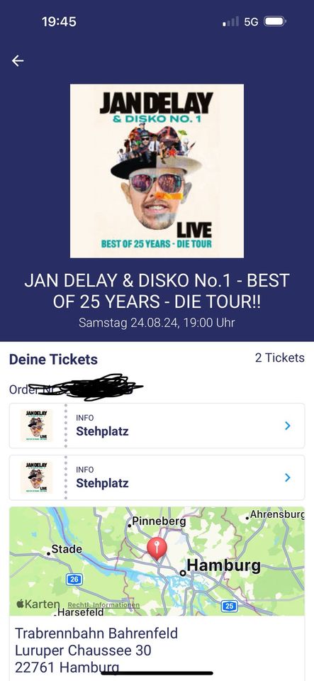 Jan Delay  2 Tickets 24.08.24 Trapprennbahn Hamburg in Hannover
