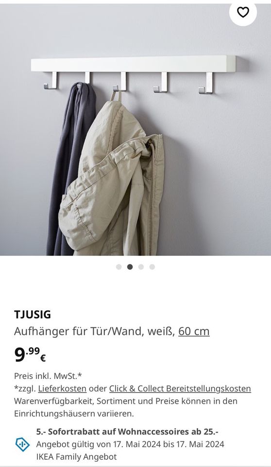 IKEA TJUSIG Aufhänger für Tür/Wand, weiß, 60 cm in Tamm