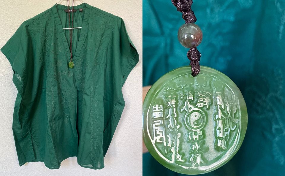 Uniqlo Tunika Kaftan Shirt Gr. L + Yin Yang Stein Halskette grün in Berlin