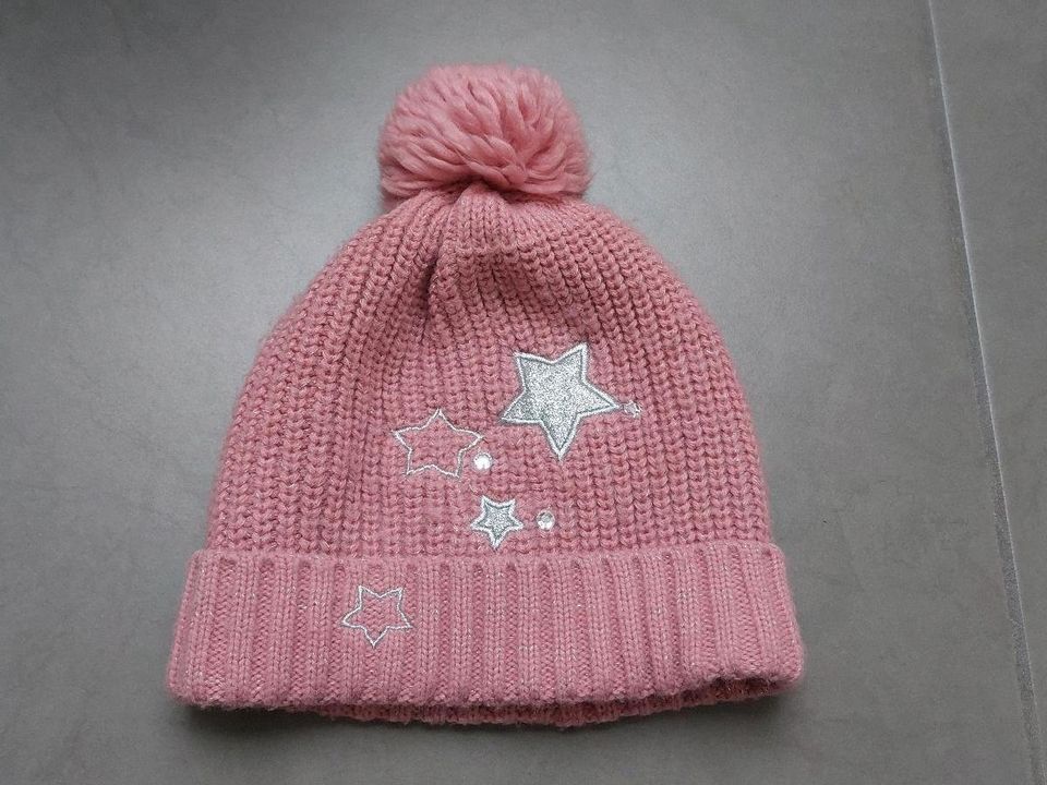 Mädchen Wintermütze Mütze mit Bommel rosa mit Sternen und Glitzer in Oberreichenbach