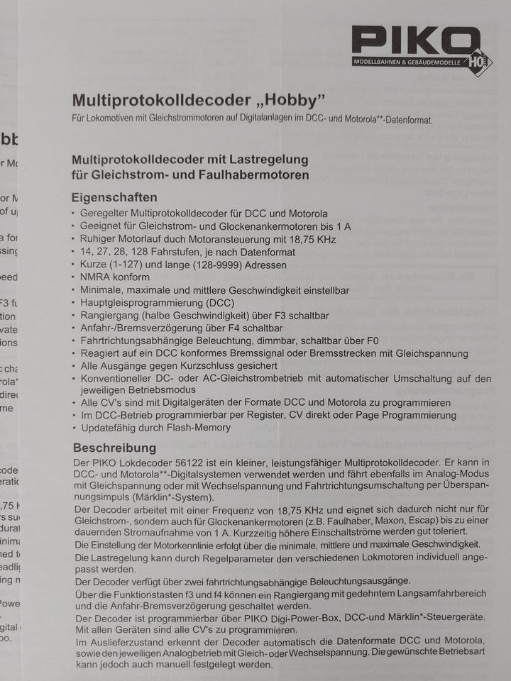 Piko Multiprotokdecoder "Hobby" fx/MM/DCC 8polig NEM+Beschreibung in Lüdenscheid