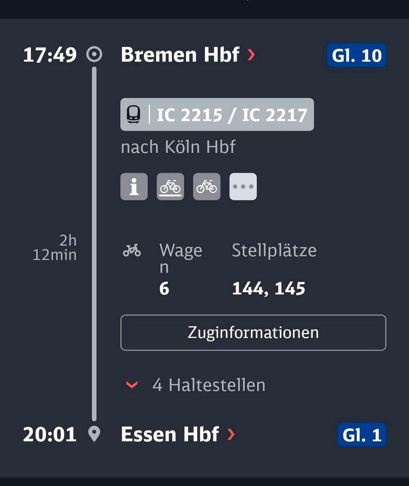 DB Ticket Bremen - Hamburg 2Personen (+2xFahrrad) in Essen