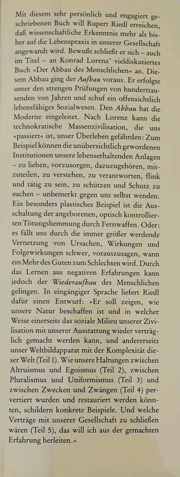 Rupert Riedl Der Wiederaufbau des Menschlichen, Philosophie, Buch in Pöttmes