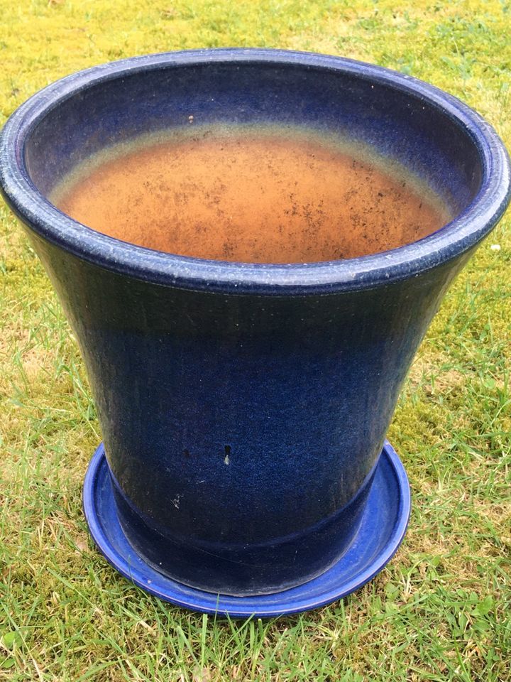 Großer Blumenkübel Kübel Pflanzkübel + Untersetzer Blau glasiert in