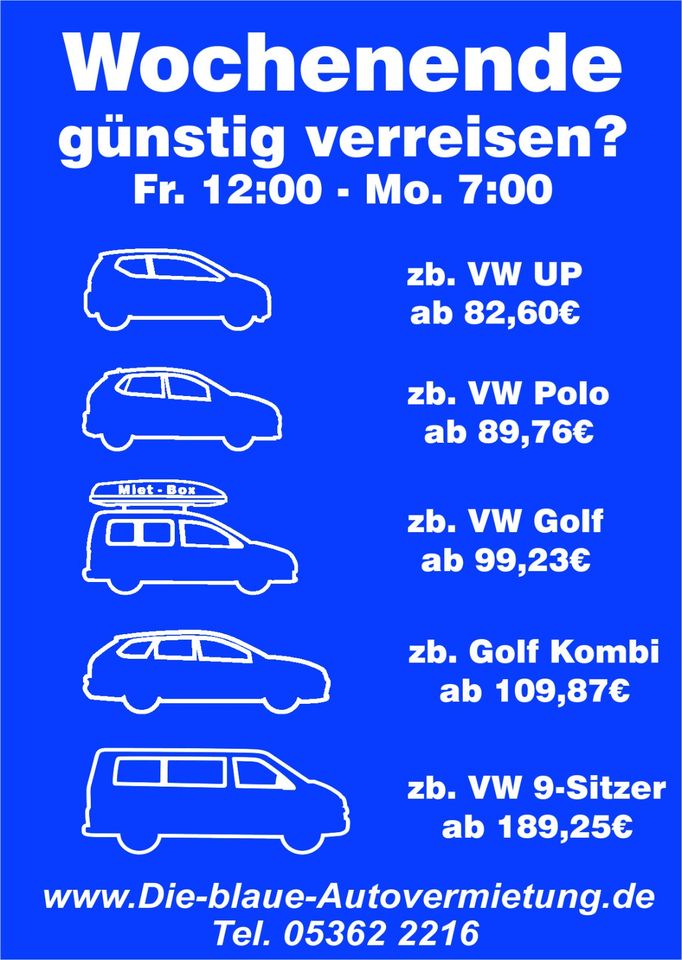 Autovermietung / Mietwagen / Ersatzwagen / Umzugswagen / Leihwagen / Transporter / PKW / Anhänger / Dachboxen in Wolfsburg