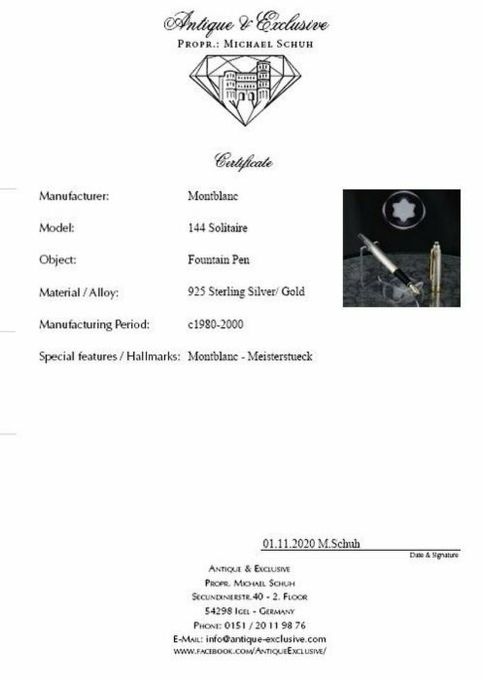 Montblanc 144 - 925 Sterling Silber Solitär 18K Gold 4810 Neuw. Poliert Geschenkbox Geschenk Sammler Top Versand Händler DHL Echt in Igel