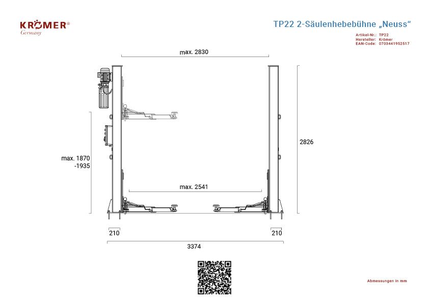 "Neuss" Vollautomatische 2-Säulen Hebebühne Krömer Germany ® TP22 in Neu Wulmstorf