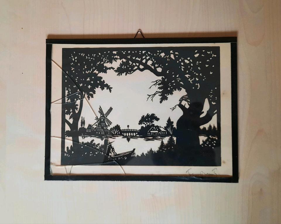 Scherenschnitt v. "Hans Brasch": Flusslandschaft m. Windmühle in Gundelfingen