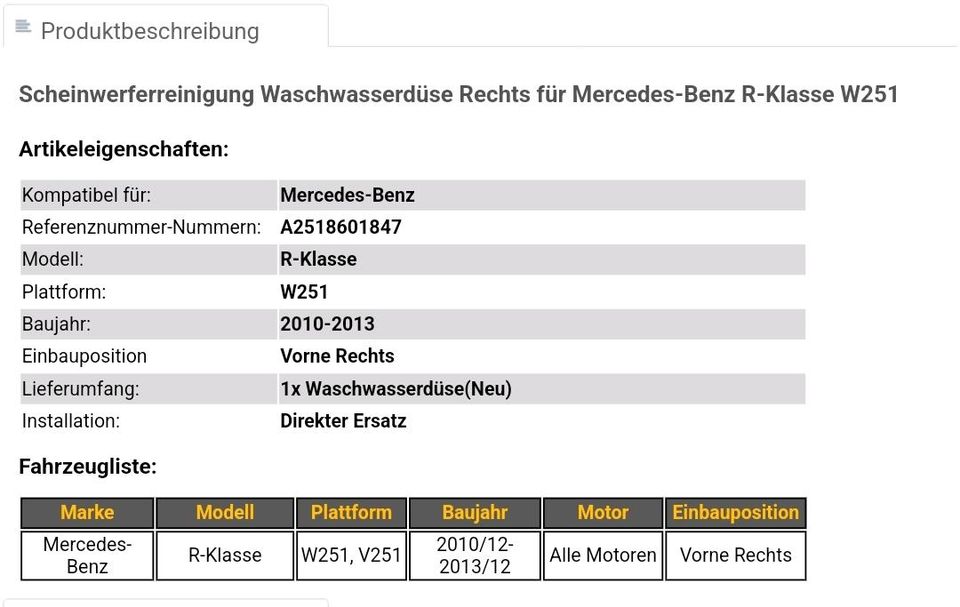 Scheinwerferreinigung Waschwasserdüse Rechts für Mercedes-Benz R- in Bremen