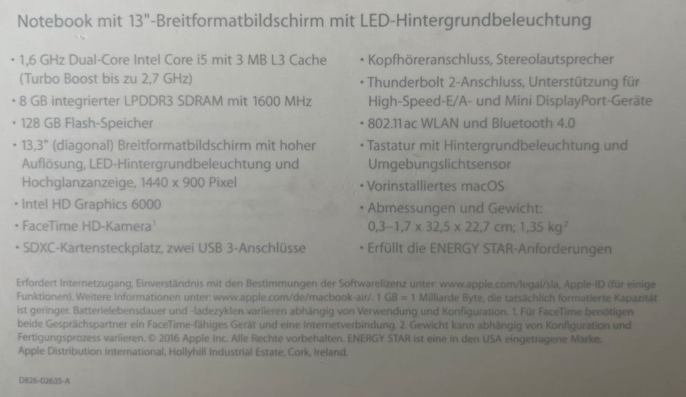 MacBook Air 13, 1,6 GHz, 8GB RAM, guter Zustand in Bremen