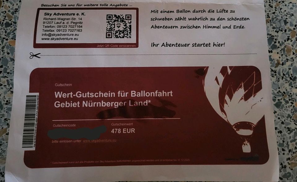 Wertgutschein für Ballonfart Nürnberger Land in Neunkirchen am Sand