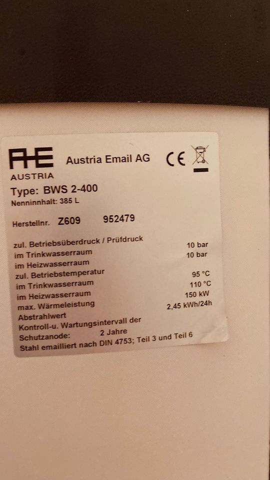 Warmwasserkessel Typ Austria Email AG, BWS 2 - 400  385 Liter in Wehr