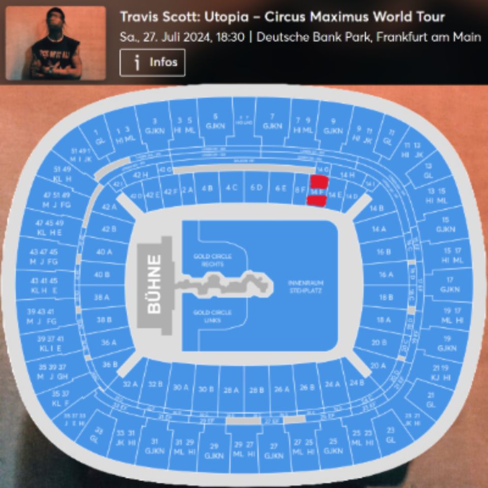 Travis Scott Konzert Frankfurt 27.07.2024 Sitzplatz 14 F in Kelkheim