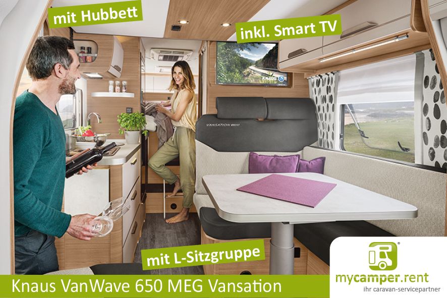 2024 Knaus VanWave 650 MEG Platinum Selection mieten - Deluxe 4 Personen Wohnmobil mit Hubbett mit Automatik 177 PS Smart-TV, Autark-Solar Paket, Fahrradträger mit Dachklima mit VW Crafter leihen. in Kerken