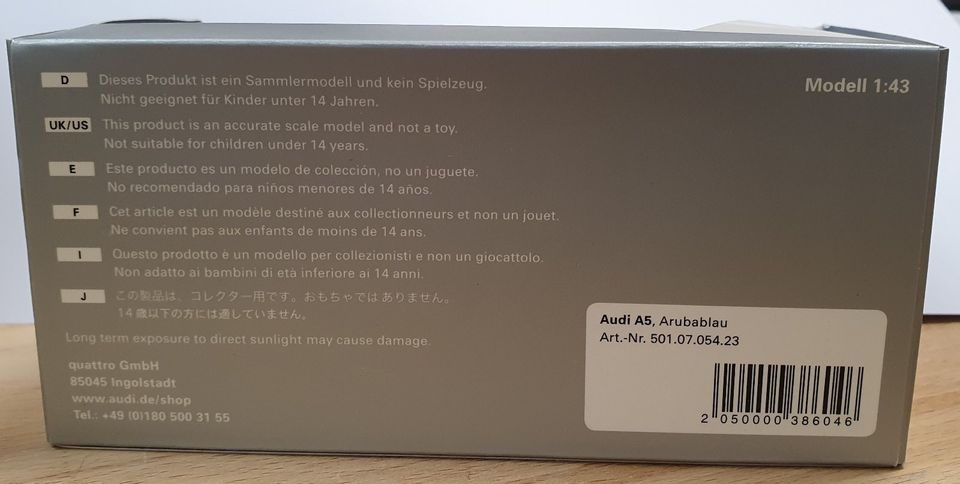 Modellauto Audi A5 1:43 Arubablau (Original Audi inkl. Hologramm) in Norderstedt