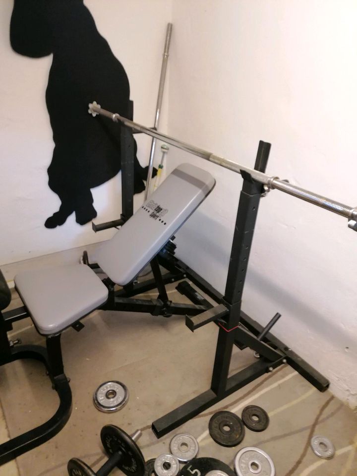 Heim Fitnessstudio Kraftstation Hantelbank Squat Rack + Gewichte in Burscheid