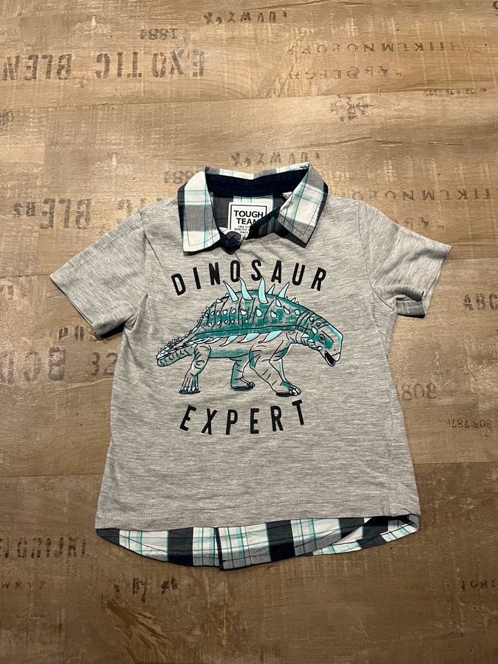 T-Shirt mit Hemd-Kragen Gr. 104 Grau Dinosaurier in Greding