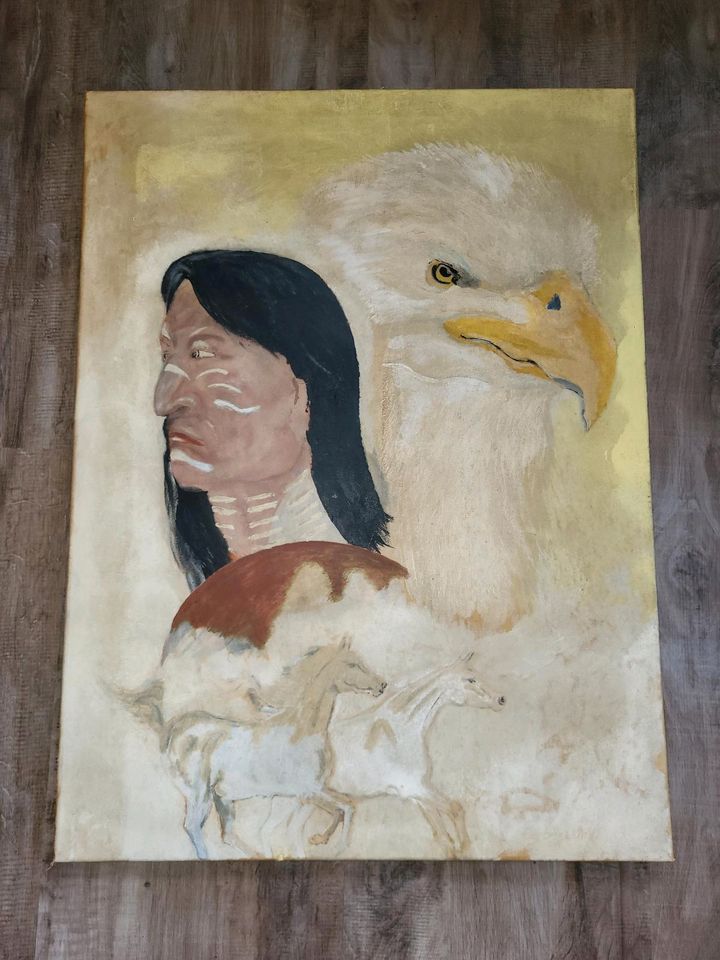 Gemälde auf Leinwand mit Indianer Adler und Pferde 70er Bild alt in Leipzig
