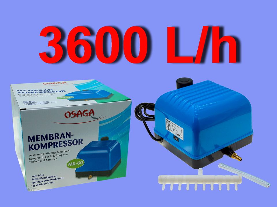 Aquarium Teich Luftpumpe 3600 L/h MK 60 MEMBRAN KOMPRESSOR OSAGA