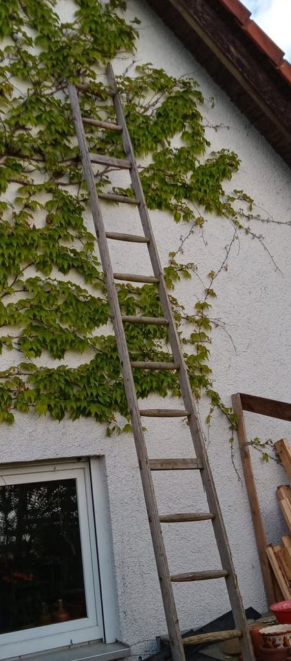 Alte 5-Meter-Holzleiter mit 17 Sprossen für Deko in Wetter (Ruhr)