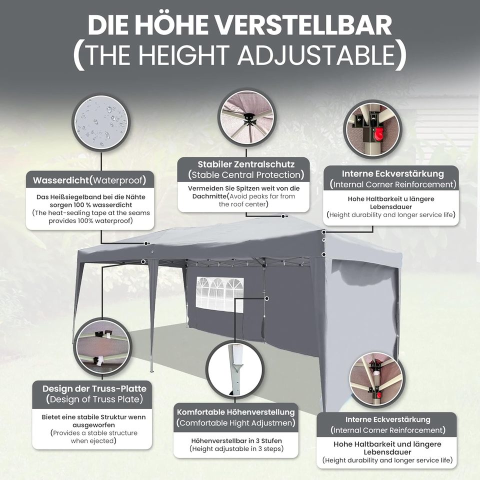 Faltpavillon 3x6m 3-Seitenteile Gartenzelt Partyzelt GRAU NEU in Essen