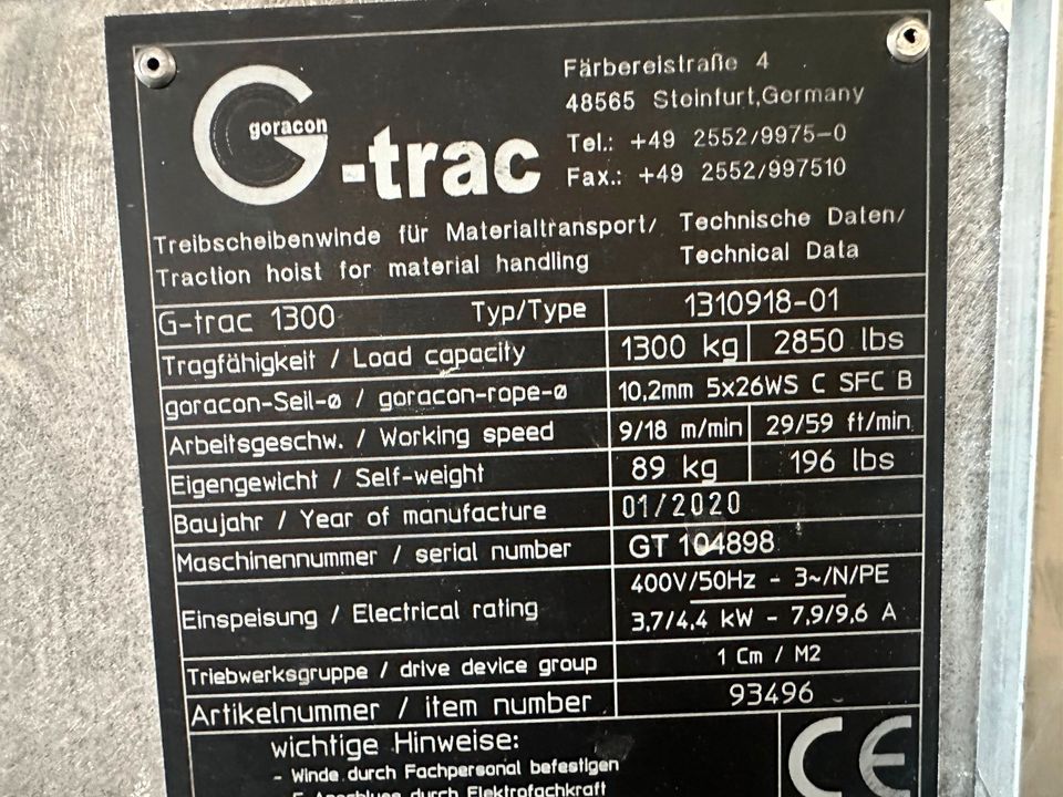 Elektro Durchlaufwinde Seilzugwinde Goracan G-trac 1300 BJ 2020 in Weißenborn Erzgebirge