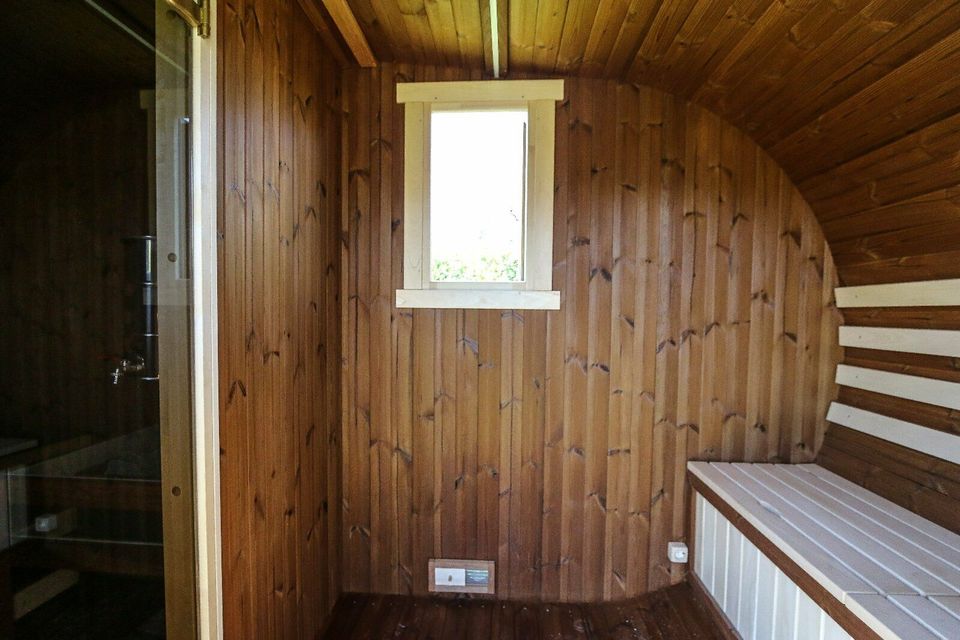 Fasssauna Thermoholz LUX 3,50x2,30 Fass Sauna OVAL Gartensauna in Stuhr