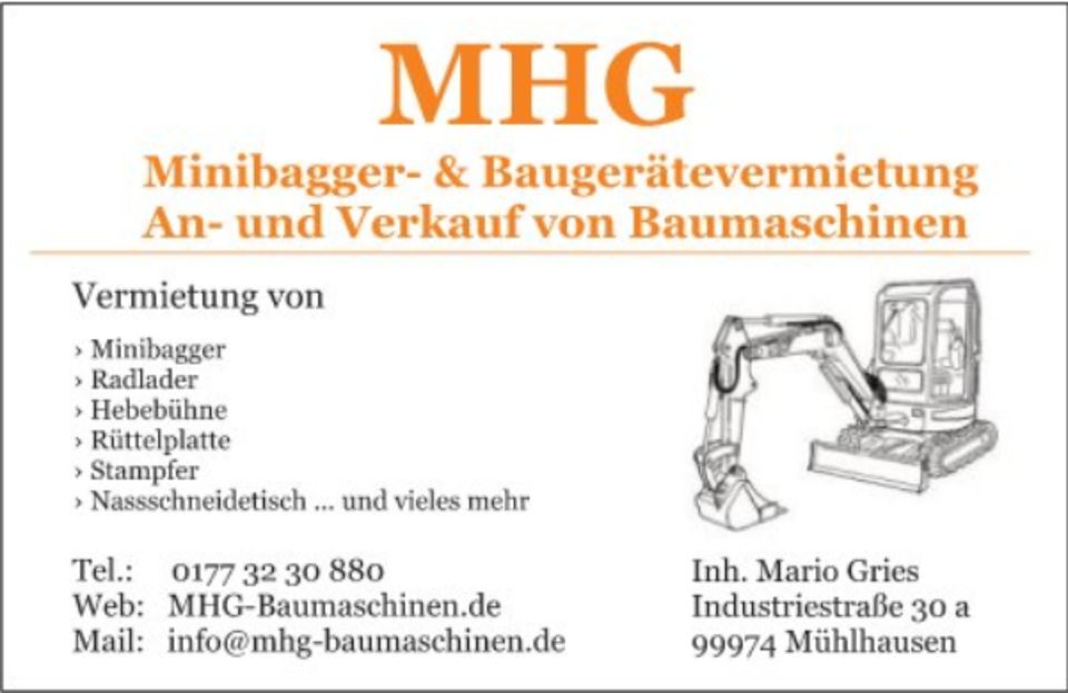 Vermietung Baumaschinen: Minibagger, Hebebühne, Radlader uvm. in Mühlhausen