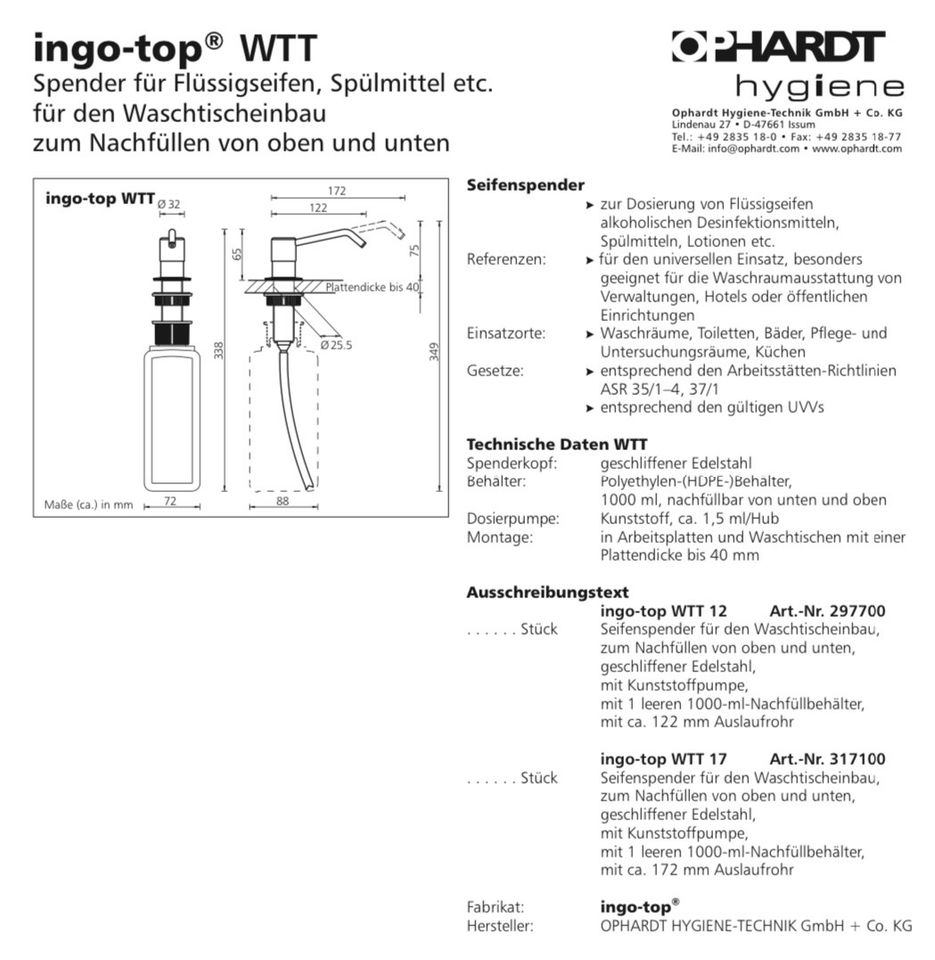 OPHARDT Hygienespender / Seifenspender / Liquidspender in Mettlach