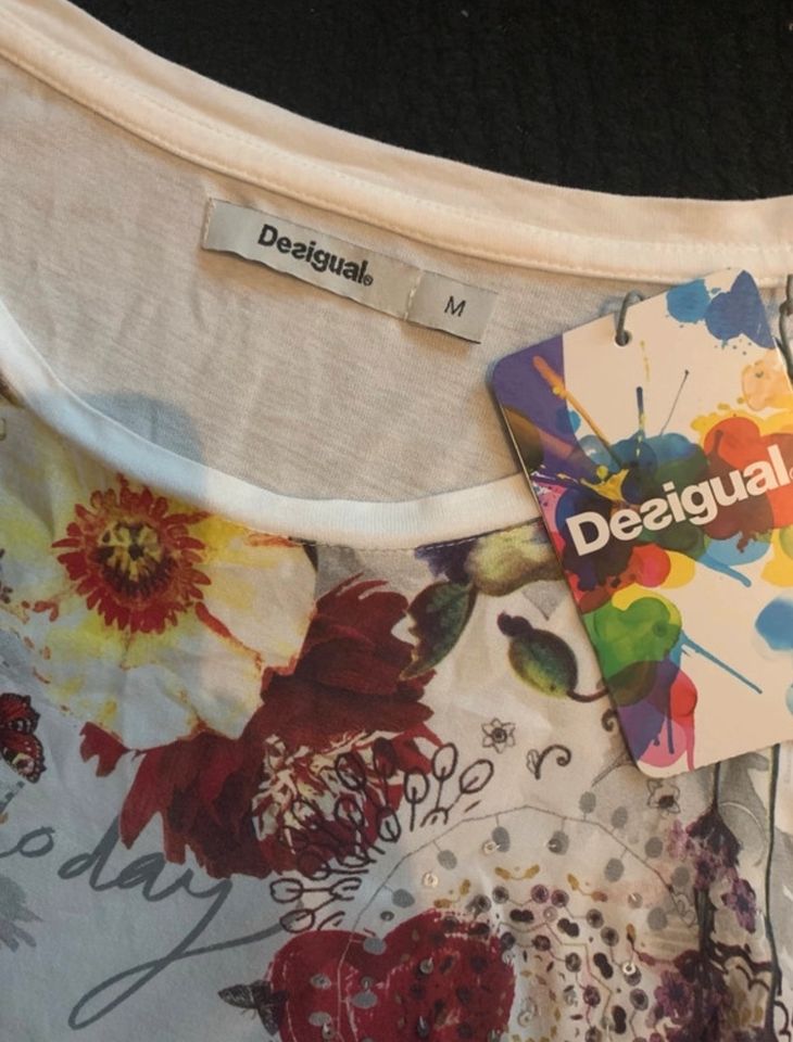 Desigual Shirt/Bluse Weiß Glitzer Blumen Print Gr M Neuwertig in Berlin