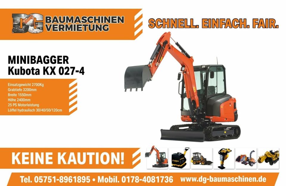 Minibagger Bagger mieten leihen vermieten Vermietung Baumaschinenvermietung 1,6t in Porta Westfalica