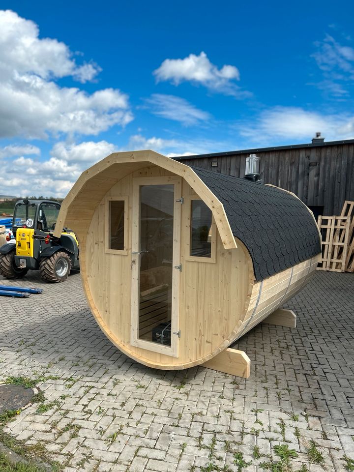 Fasssauna Saunafass Sauna Gartensauna Banja Holzofen Vorraum Panoramafenster Saunahaus in Niederorschel