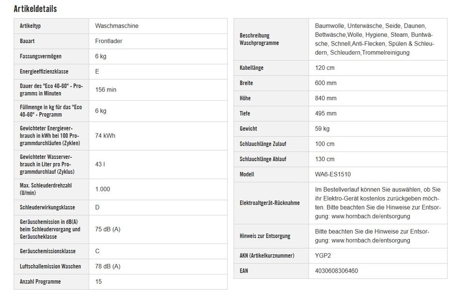 Waschmaschine PKM WA6-ES1510 Fassungsvermögen 6 kg 1000 U/min in Pforzheim