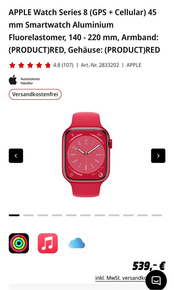 Apple Watch 8 (GPS + Cellular) Product red mit 3 Armbändern in Plauen