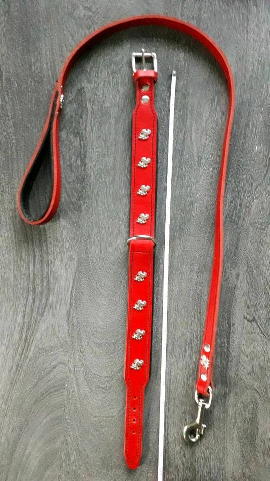 Außergewöhnliches Set Halsband u. Leine Leder rot / schw. Pferde in Meine