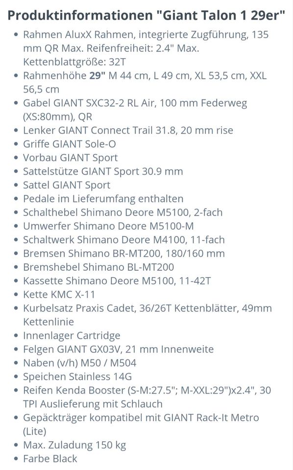 GIANT Mountainbike Talon 1 29 Zoll Rahmen L matt Schwarz in Breitengüßbach