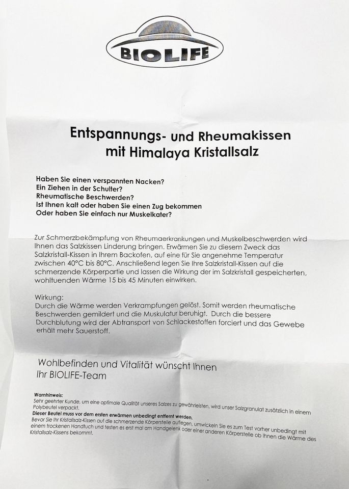 240 Stk. Näve BIOLIFE Wärmekissen Entspannungs- u. Rheumakissen mit Himalaya Kristallsalz Badesalz, Sonderposten Großhandel Restposten in Tanna