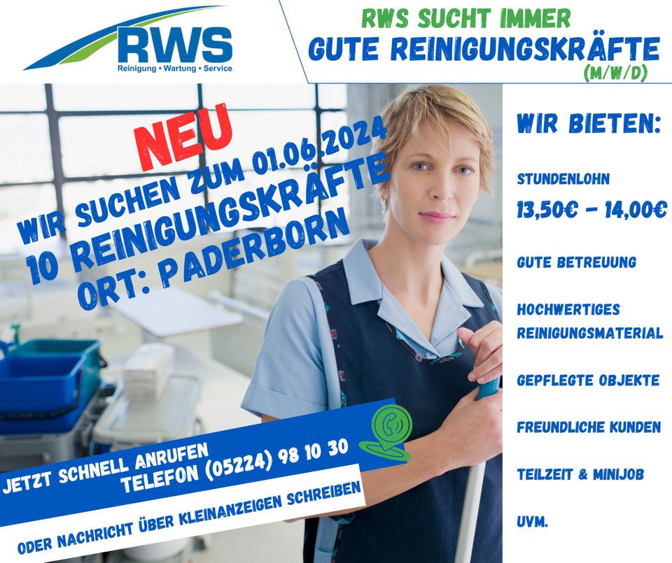 Freie Stellen ab 01.06. in 33098 Paderborn: Reinigungskraft (m/w/d) gesucht! Teilzeit und Minijob in Paderborn