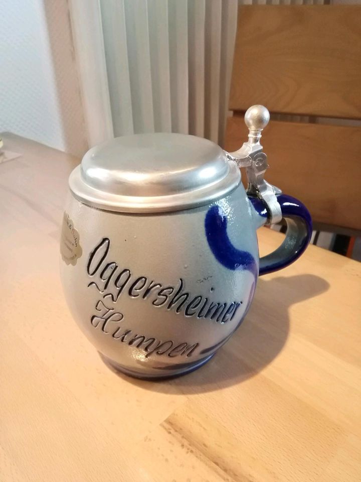 Oggersheimer Humpen, Bierkrug Steinzeug, blau mit Zinndeckel in Dannstadt-Schauernheim