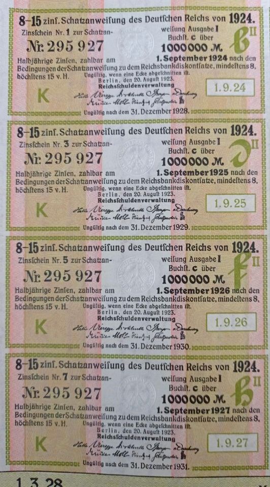 Schatzanweisung 1 Mio Mark Deut.Reich 1923 + 8 Coupons in Berlin