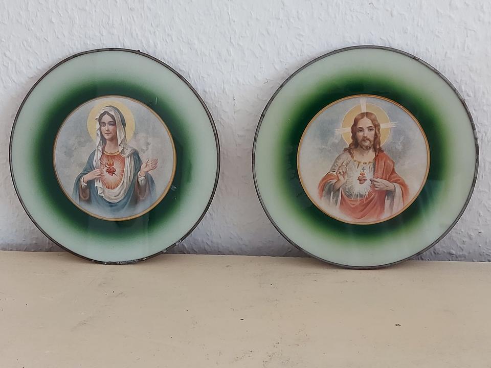 2 alte Heiligenbilder polychrom Jesus Maria Frankreich Shabby in Mönchengladbach