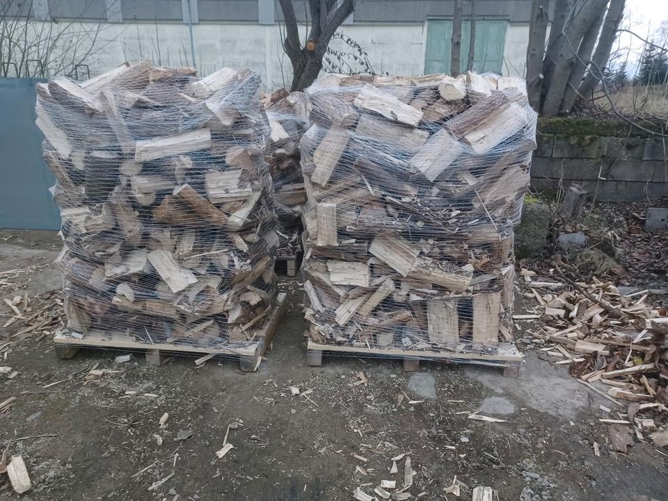 Brennholz Fichte Kaminholz im Netz auf Palette in Drognitz