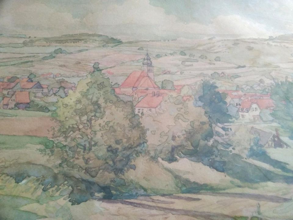 Antikes Gemälde - Aquarell , Landschaft mit Dorf und Kirche in Frankfurt am Main