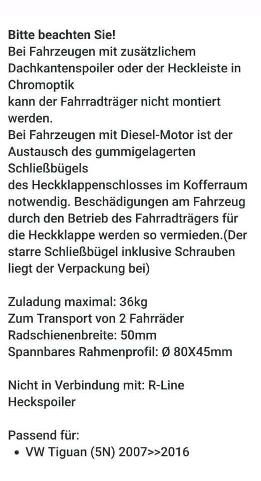 VW Fahrradträger für die Heckklappe VW Tiguan 2007 bis 2016 in Wildeshausen