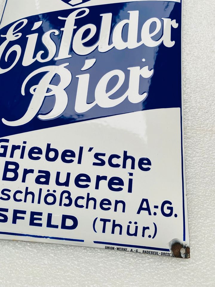 ‼️ EMAILSCHILD Eisfelder Bier Emailleschild um 1930 in Schiffweiler