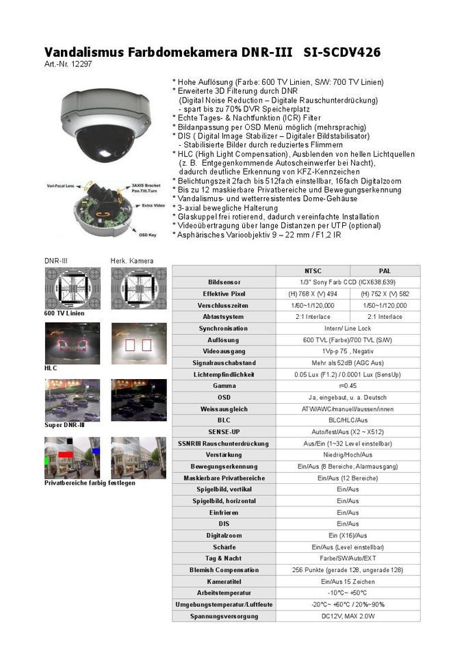 Sehr lichtempf. Vandal Dome Kamera, 600/700TVL (SI-SCDV426DN) in Kißlegg