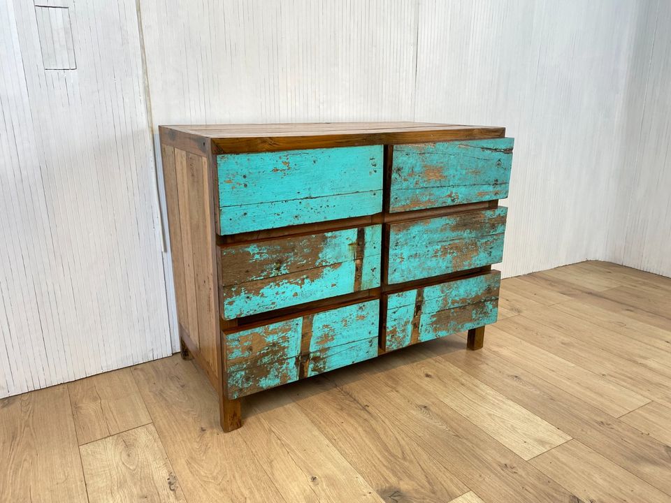 Boatwood by WMK # Schöne, meeresblaue Schubladenkommode aus altem Bootsholz, ein handgefertigtes Unikat aus massivem Teakholz # Schrank Kommode Wäschekommode Sideboard Wickelkommode Flurkommode Teak in Berlin