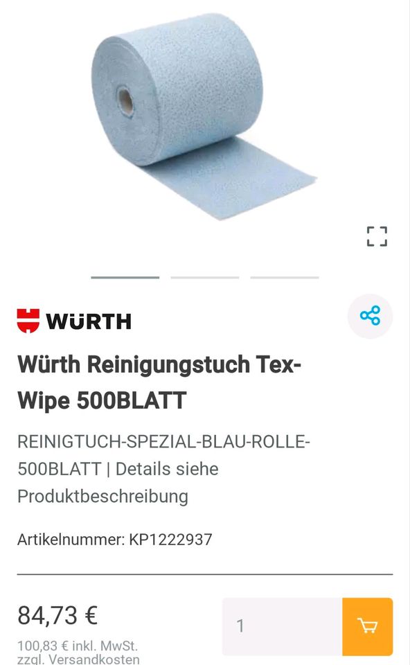 Würth Reinigungstuch TeX Wipe 500 Blatt auf Rolle Lappen Neu in Berlin